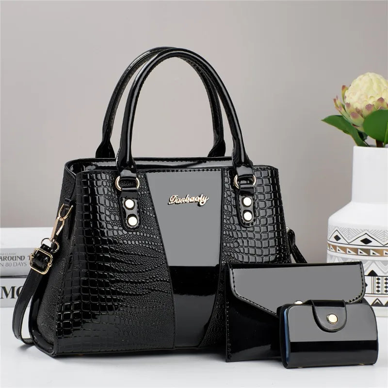 Conjunto Luxo 3 Peças Bolsas Femininas Couro Verniz Estampa Pedra Bolsa Ombro Transversal - ZAUVELLE