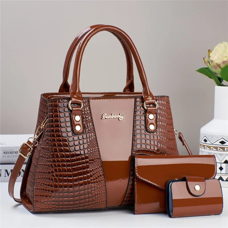 Conjunto Luxo 3 Peças Bolsas Femininas Couro Verniz Estampa Pedra Bolsa Ombro Transversal - ZAUVELLE