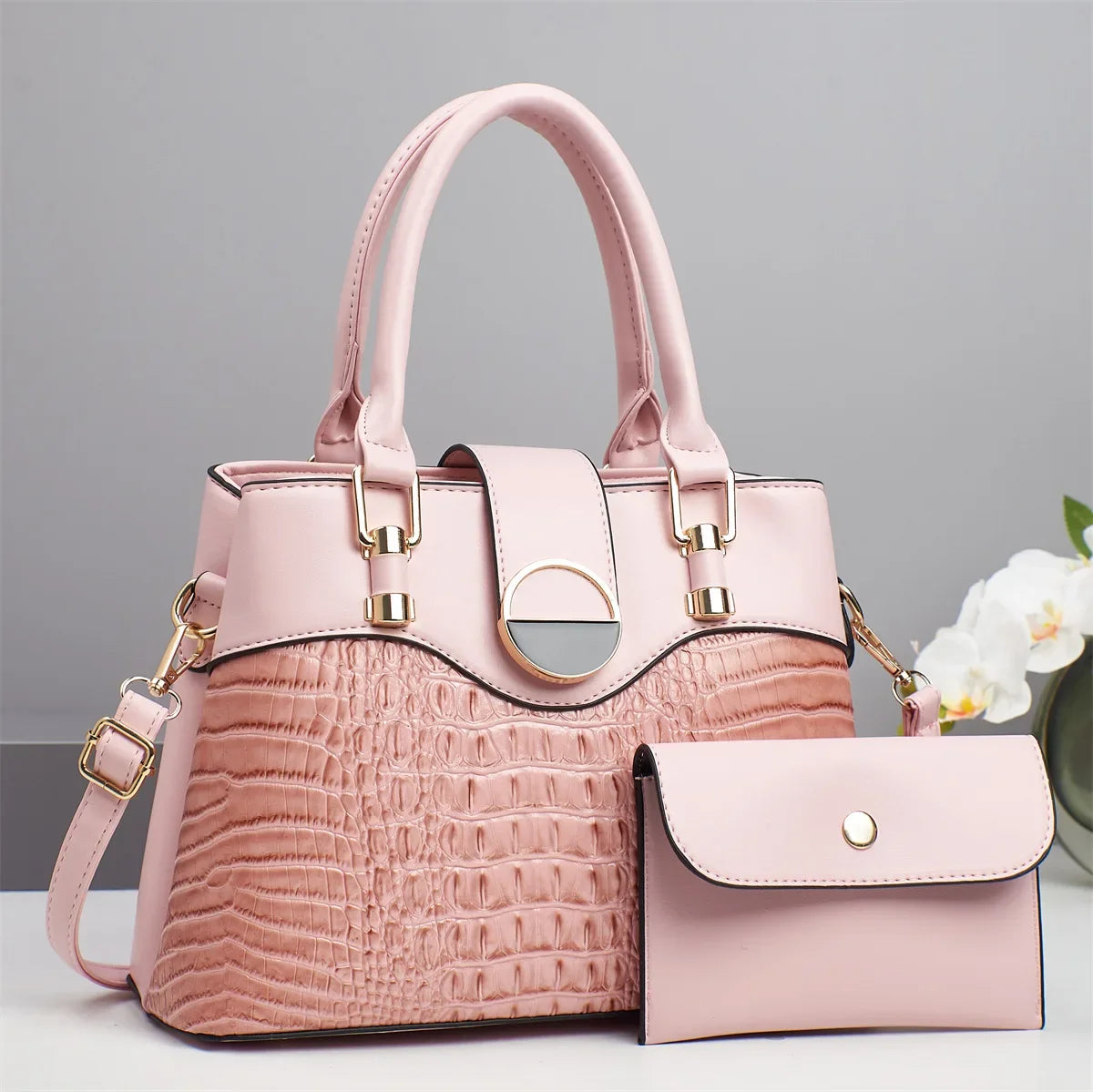 Conjunto Bolsa Feminina de Ombro e Transversal – Estilo Patchwork, Grande Capacidade e Padrão Croco - ZAUVELLE
