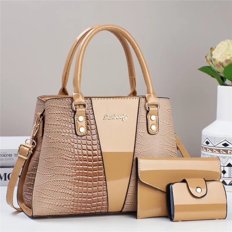 Conjunto Luxo 3 Peças Bolsas Femininas Couro Verniz Estampa Pedra Bolsa Ombro Transversal - ZAUVELLE