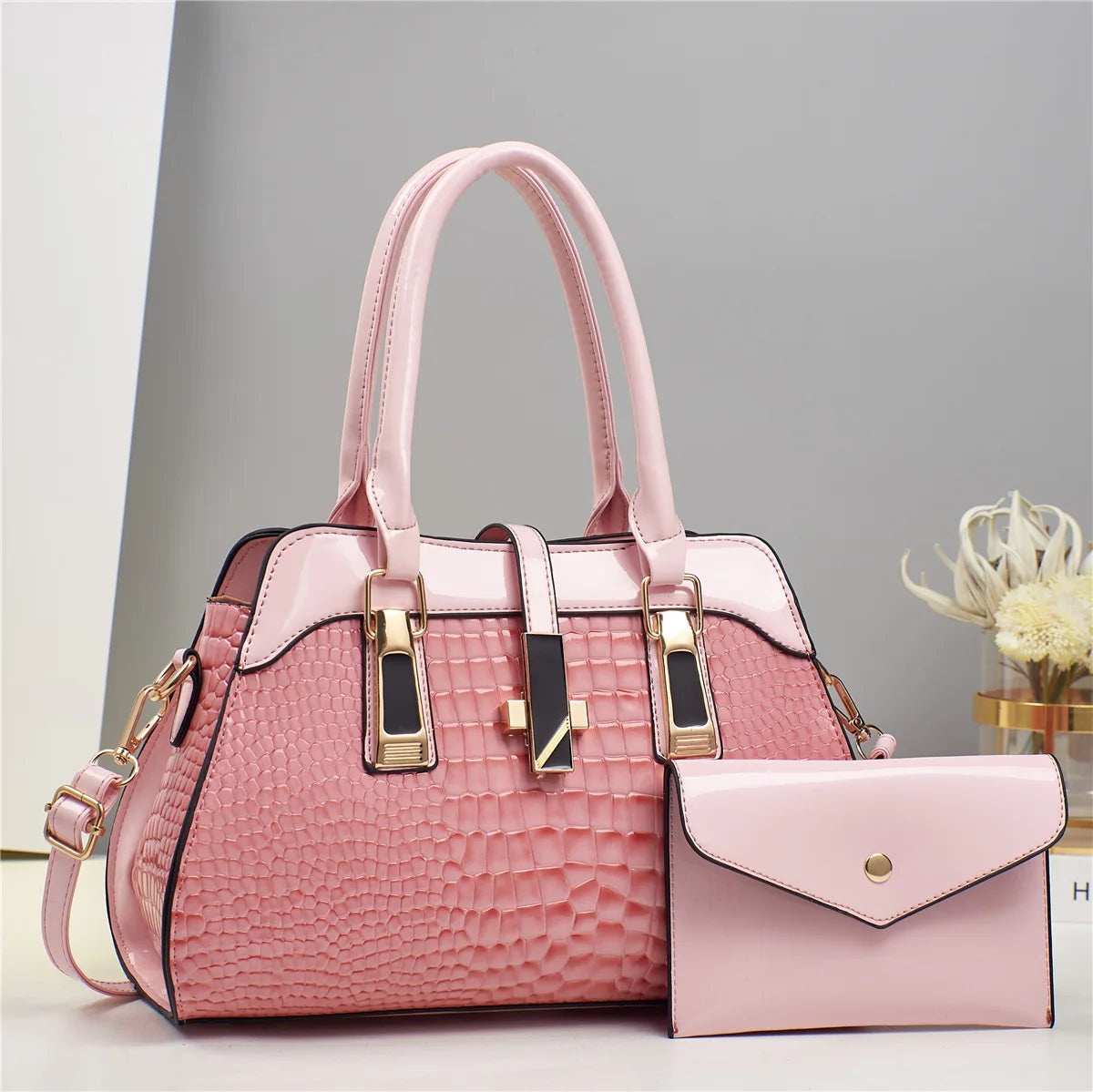 Bolsa Feminina de Couro Brilhante Estilo Croco Luxuosa e Elegante - ZAUVELLE