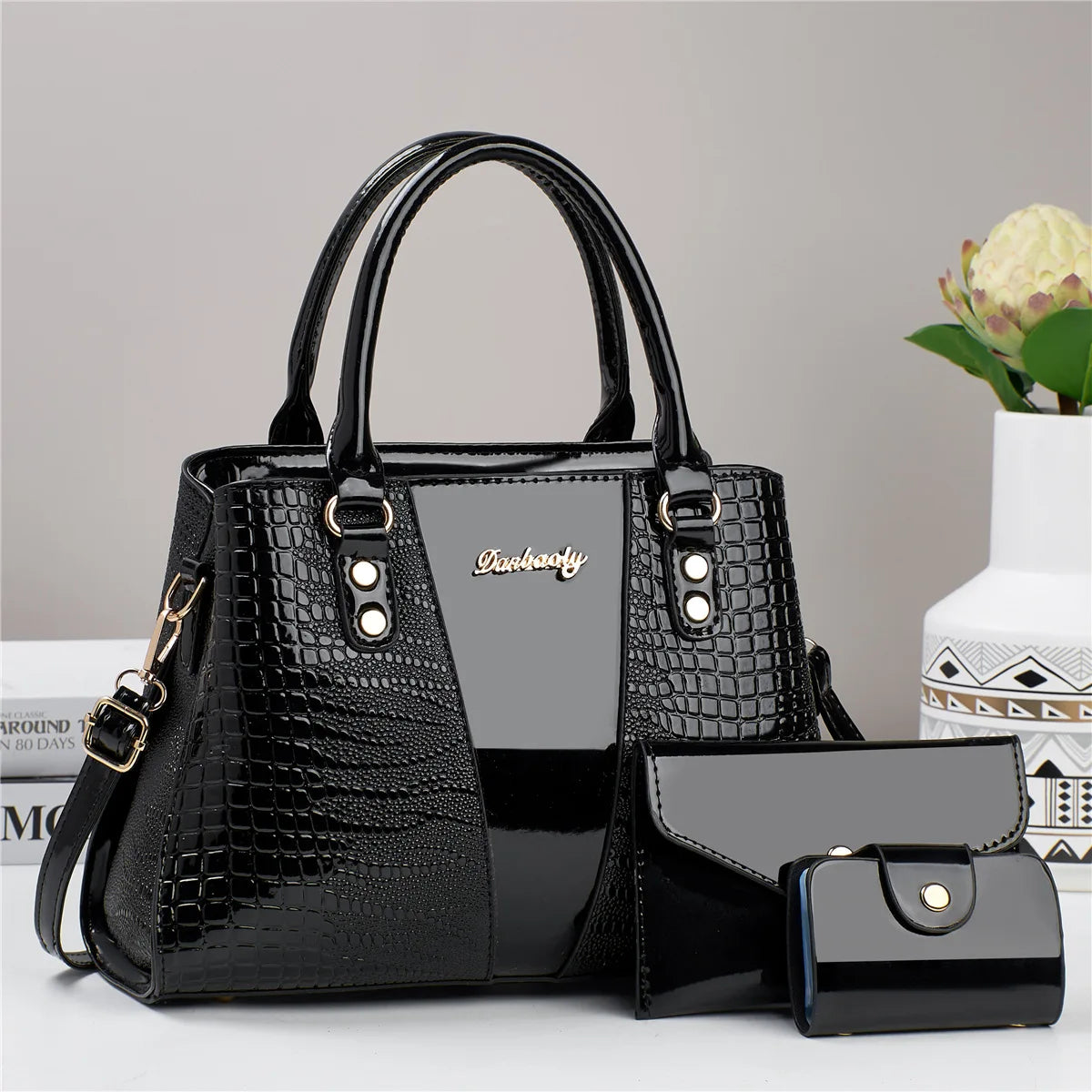 Conjunto Luxo 3 Peças Bolsas Femininas Couro Verniz Estampa Pedra Bolsa Ombro Transversal - ZAUVELLE