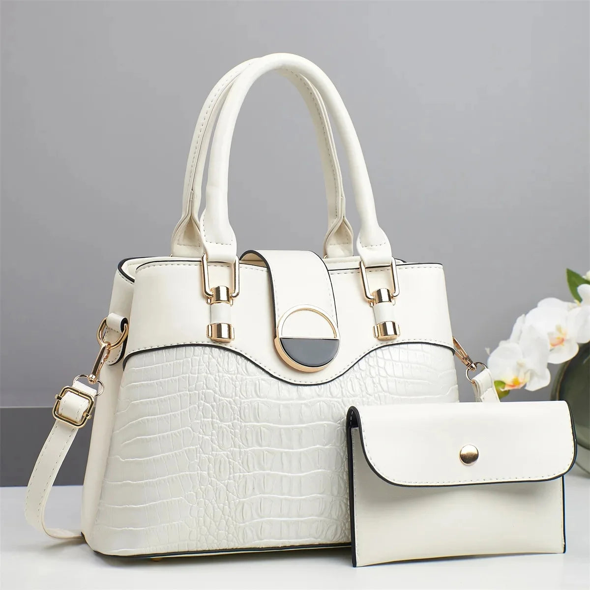 Conjunto Bolsa Feminina de Ombro e Transversal – Estilo Patchwork, Grande Capacidade e Padrão Croco - ZAUVELLE