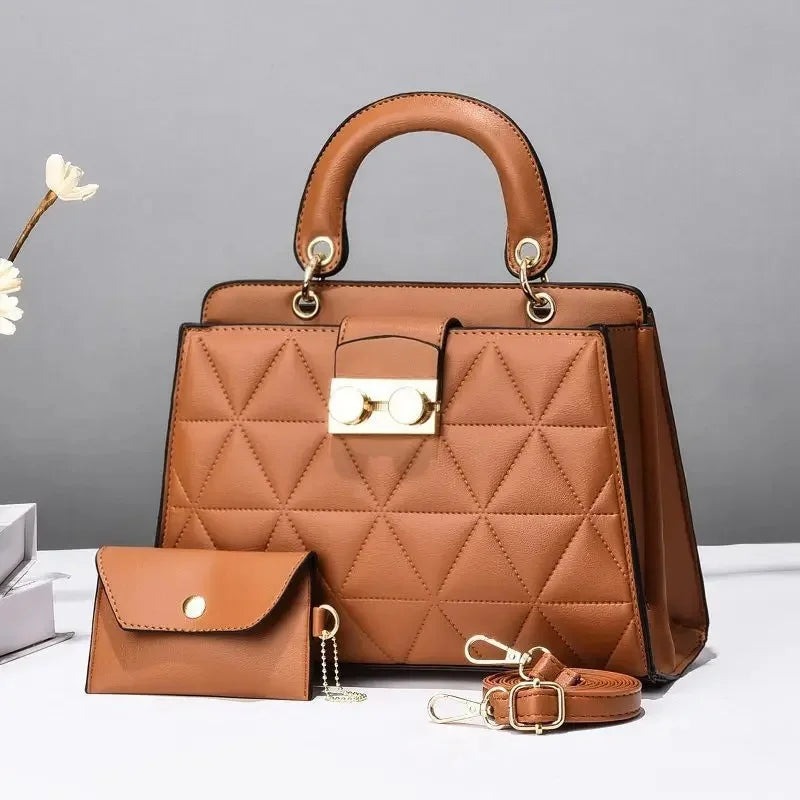 COnjunto Bolsa Tote + Carteira Feminina Minimalista em Couro Macio com Alça Transversal e Fecho em Zíper - ZAUVELLE
