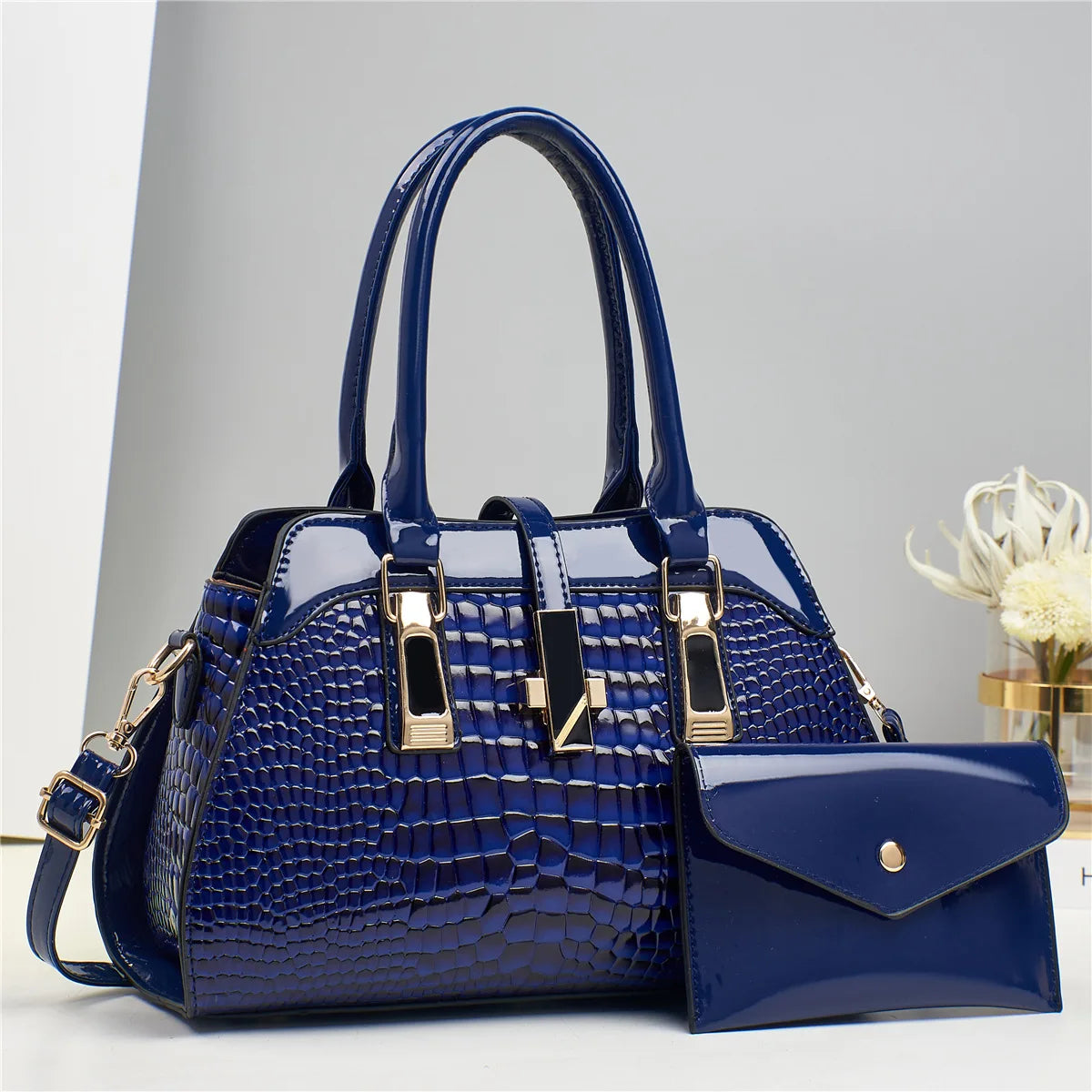 Bolsa Feminina de Couro Brilhante Estilo Croco Luxuosa e Elegante - ZAUVELLE