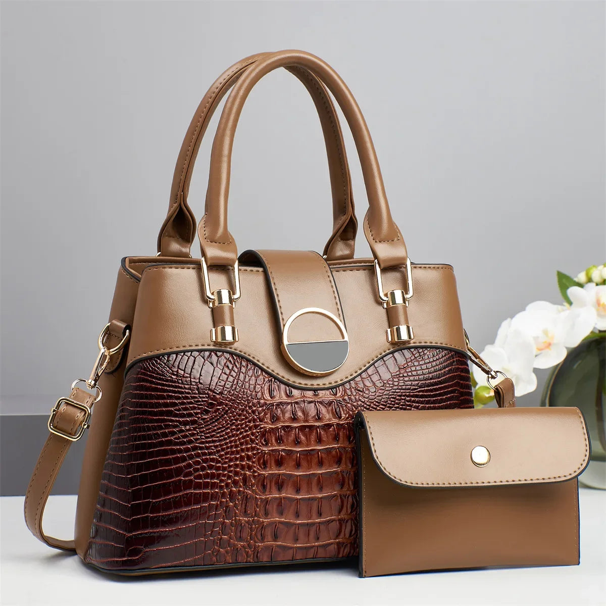 Conjunto Bolsa Feminina de Ombro e Transversal – Estilo Patchwork, Grande Capacidade e Padrão Croco - ZAUVELLE