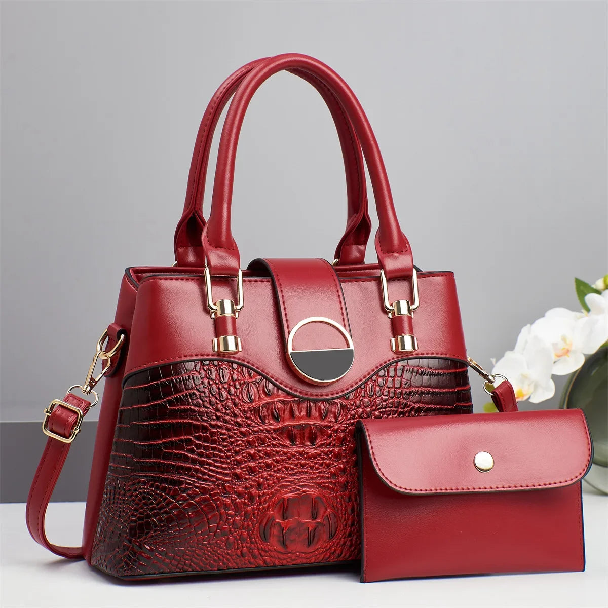 Conjunto Bolsa Feminina de Ombro e Transversal – Estilo Patchwork, Grande Capacidade e Padrão Croco - ZAUVELLE