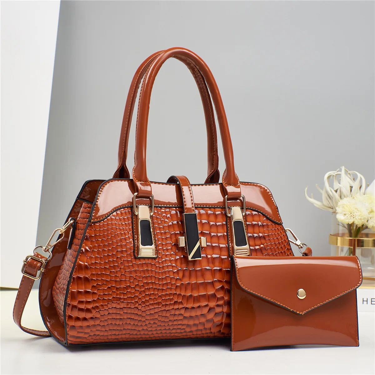 Bolsa Feminina de Couro Brilhante Estilo Croco Luxuosa e Elegante - ZAUVELLE