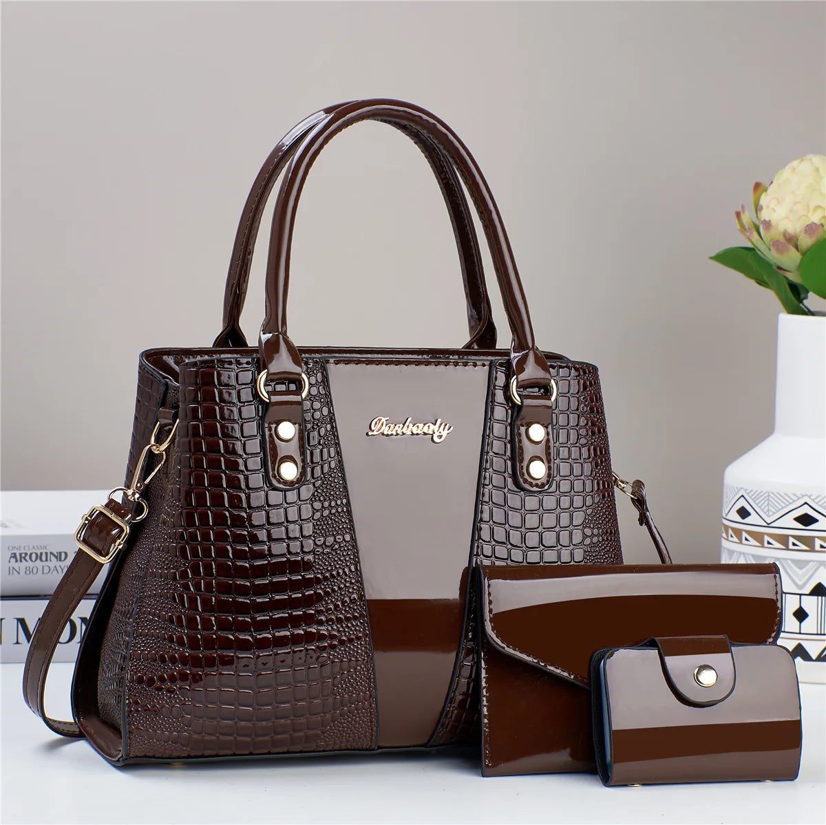 Conjunto Luxo 3 Peças Bolsas Femininas Couro Verniz Estampa Pedra Bolsa Ombro Transversal - ZAUVELLE