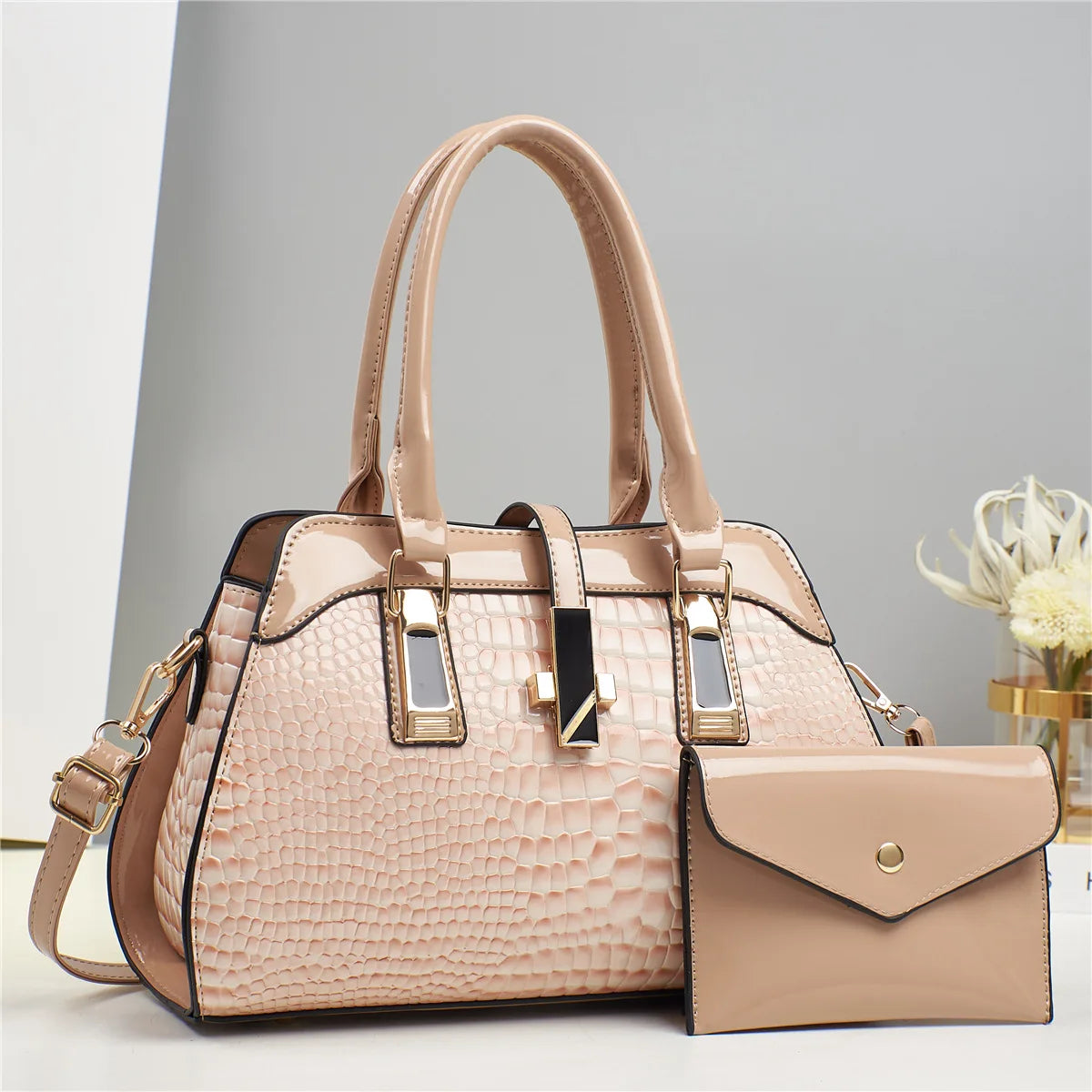 Bolsa Feminina de Couro Brilhante Estilo Croco Luxuosa e Elegante - ZAUVELLE