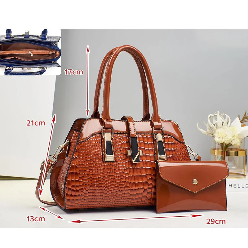 Bolsa Feminina de Couro Brilhante Estilo Croco Luxuosa e Elegante - ZAUVELLE