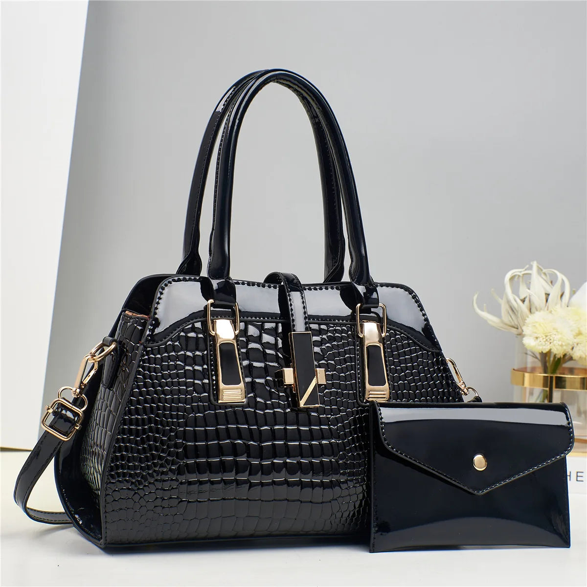 Bolsa Feminina de Couro Brilhante Estilo Croco Luxuosa e Elegante - ZAUVELLE