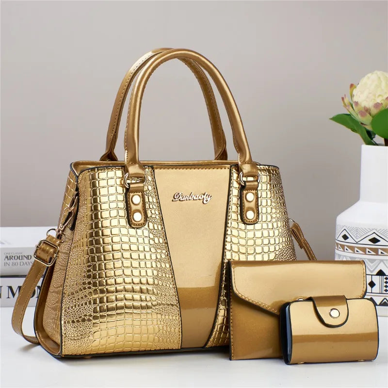 Conjunto Luxo 3 Peças Bolsas Femininas Couro Verniz Estampa Pedra Bolsa Ombro Transversal - ZAUVELLE