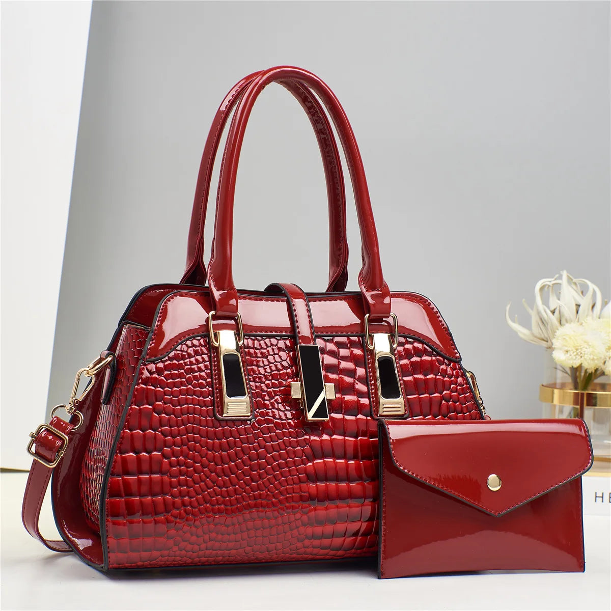 Bolsa Feminina de Couro Brilhante Estilo Croco Luxuosa e Elegante - ZAUVELLE