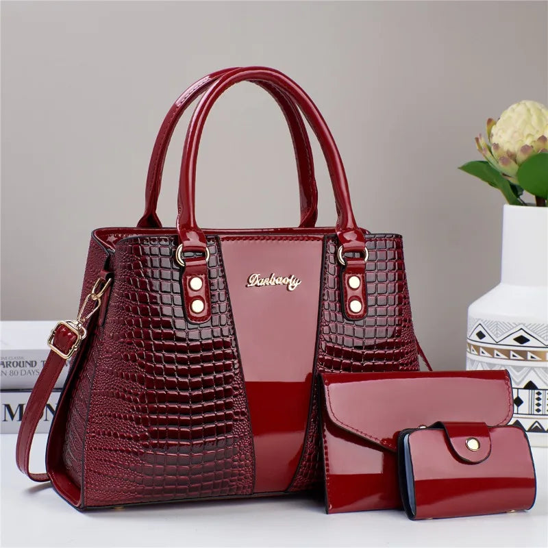Conjunto Luxo 3 Peças Bolsas Femininas Couro Verniz Estampa Pedra Bolsa Ombro Transversal - ZAUVELLE
