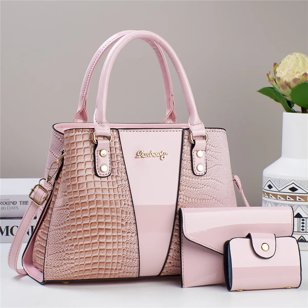 Conjunto Luxo 3 Peças Bolsas Femininas Couro Verniz Estampa Pedra Bolsa Ombro Transversal - ZAUVELLE