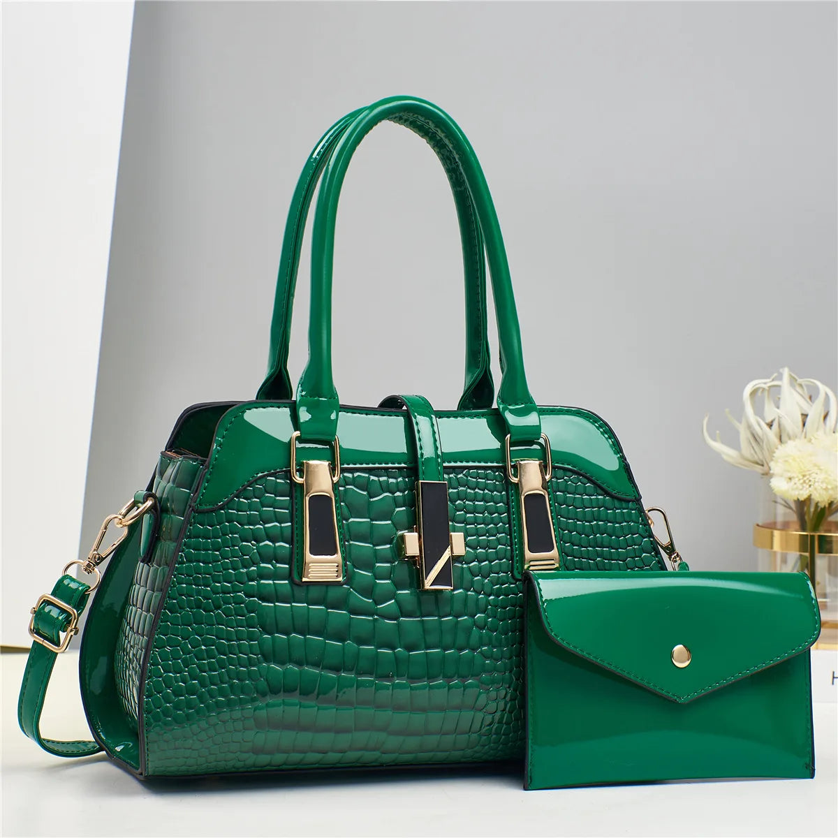 Bolsa Feminina de Couro Brilhante Estilo Croco Luxuosa e Elegante - ZAUVELLE