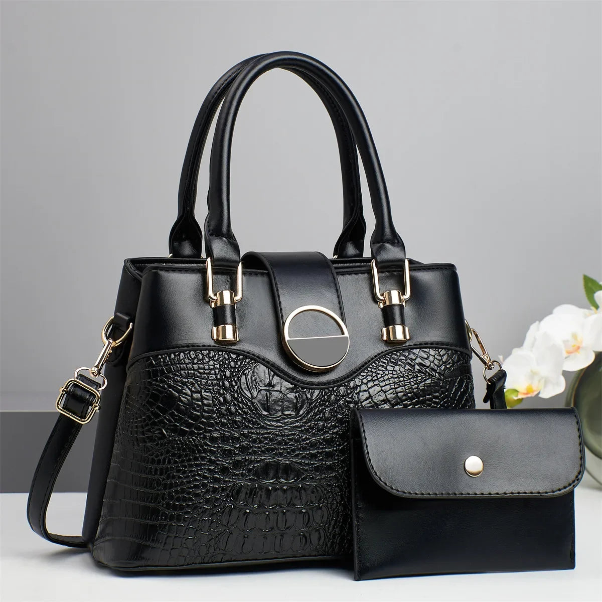Conjunto Bolsa Feminina de Ombro e Transversal – Estilo Patchwork, Grande Capacidade e Padrão Croco - ZAUVELLE