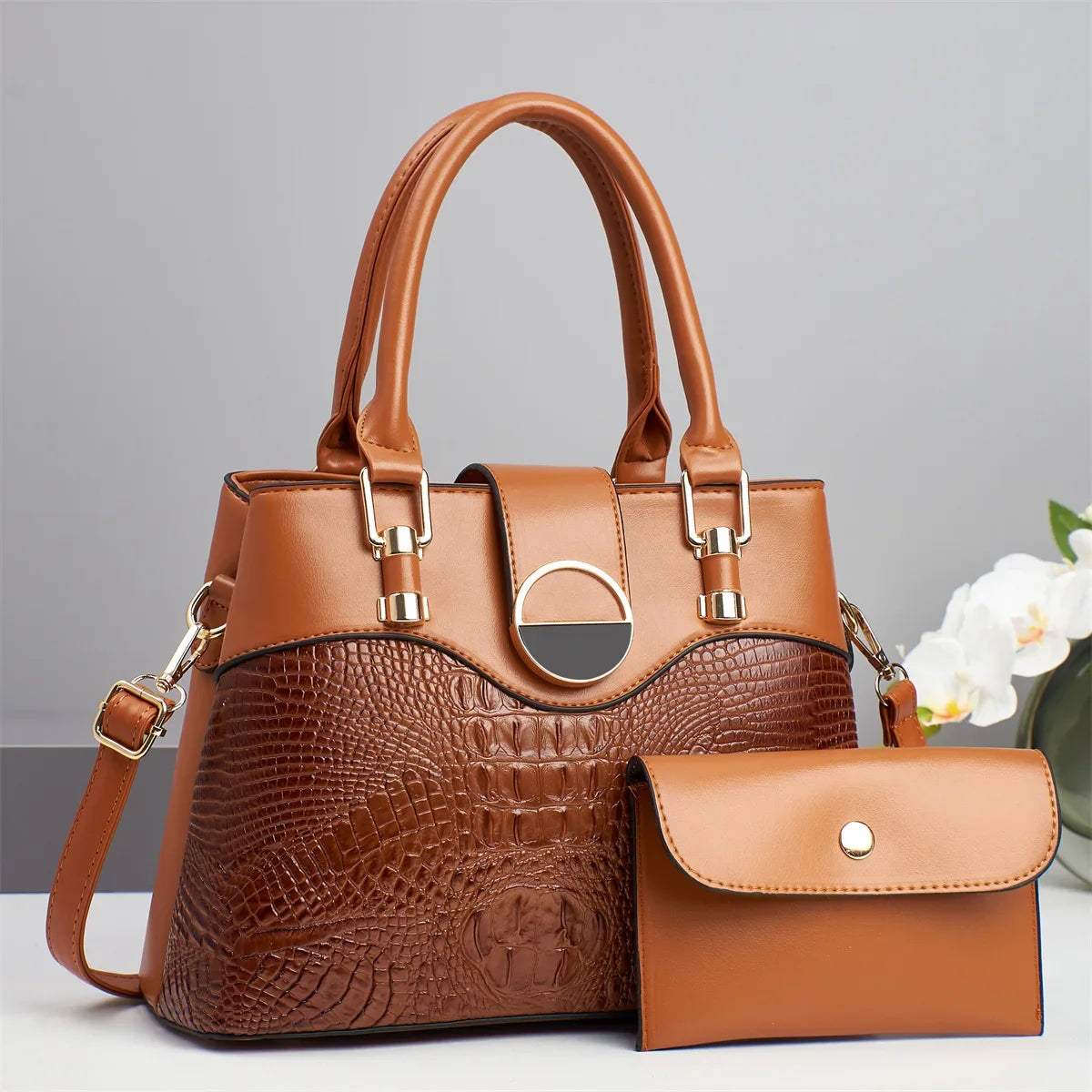Conjunto Bolsa Feminina de Ombro e Transversal – Estilo Patchwork, Grande Capacidade e Padrão Croco - ZAUVELLE