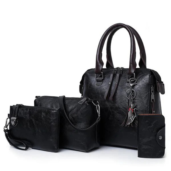 Kit 4 Bolsas Femininas de Luxo – Couro, Alça de Mão, Ombro e Carteira com Detalhe de Tassel - ZAUVELLE