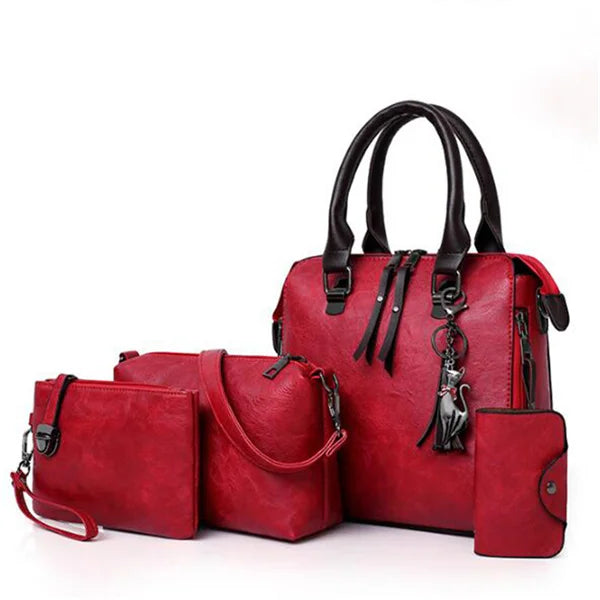 Kit 4 Bolsas Femininas de Luxo – Couro, Alça de Mão, Ombro e Carteira com Detalhe de Tassel - ZAUVELLE