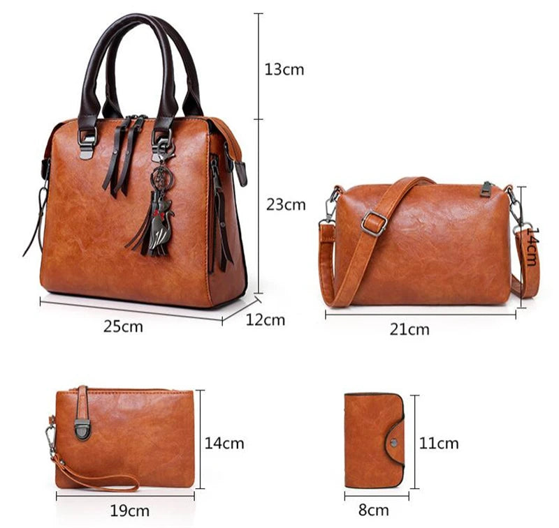 Kit 4 Bolsas Femininas de Luxo – Couro, Alça de Mão, Ombro e Carteira com Detalhe de Tassel - ZAUVELLE