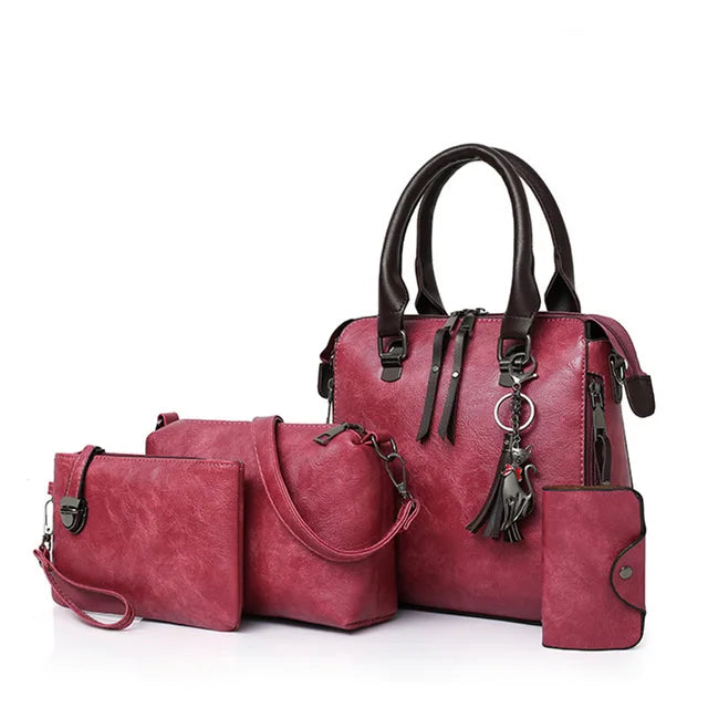 Kit 4 Bolsas Femininas de Luxo – Couro, Alça de Mão, Ombro e Carteira com Detalhe de Tassel - ZAUVELLE