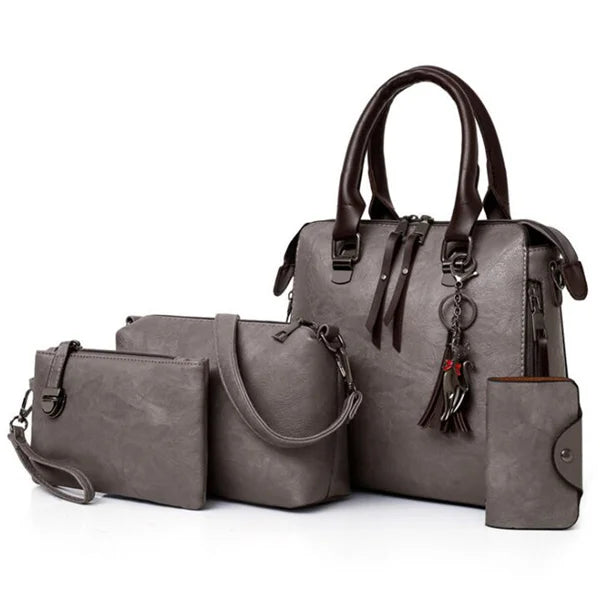 Kit 4 Bolsas Femininas de Luxo – Couro, Alça de Mão, Ombro e Carteira com Detalhe de Tassel - ZAUVELLE
