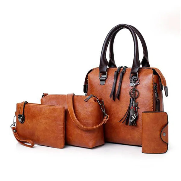 Kit 4 Bolsas Femininas de Luxo – Couro, Alça de Mão, Ombro e Carteira com Detalhe de Tassel - ZAUVELLE