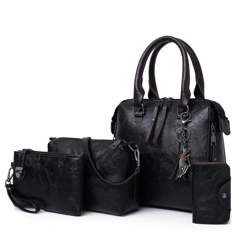 Kit 4 Bolsas Femininas de Luxo – Couro, Alça de Mão, Ombro e Carteira com Detalhe de Tassel - ZAUVELLE