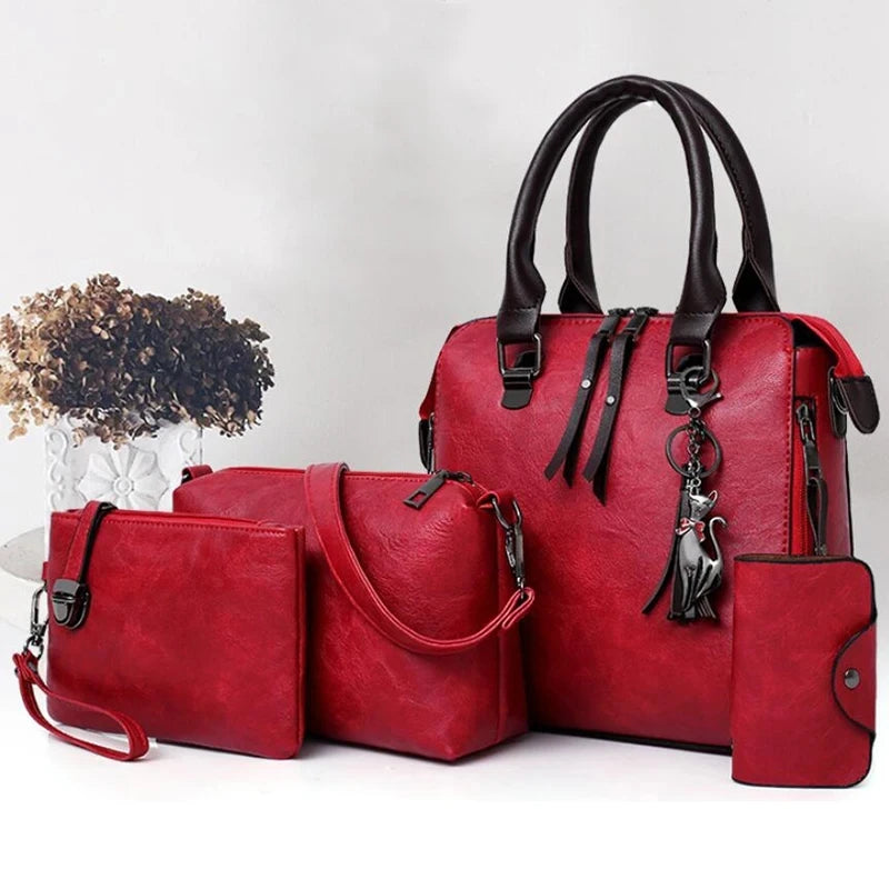Kit 4 Bolsas Femininas de Luxo – Couro, Alça de Mão, Ombro e Carteira com Detalhe de Tassel - ZAUVELLE