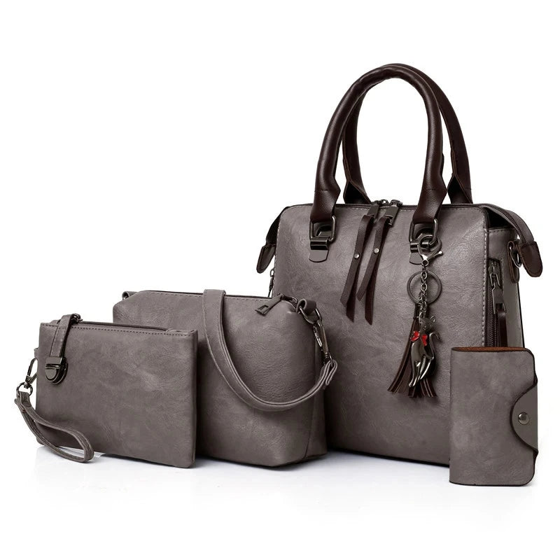 Kit 4 Bolsas Femininas de Luxo – Couro, Alça de Mão, Ombro e Carteira com Detalhe de Tassel - ZAUVELLE