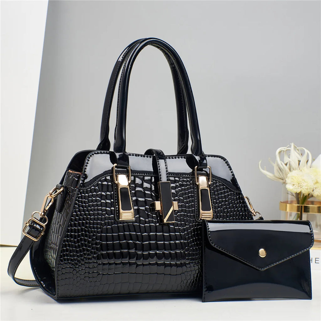 Bolsa Feminina de Couro Brilhante Estilo Croco Luxuosa e Elegante - ZAUVELLE