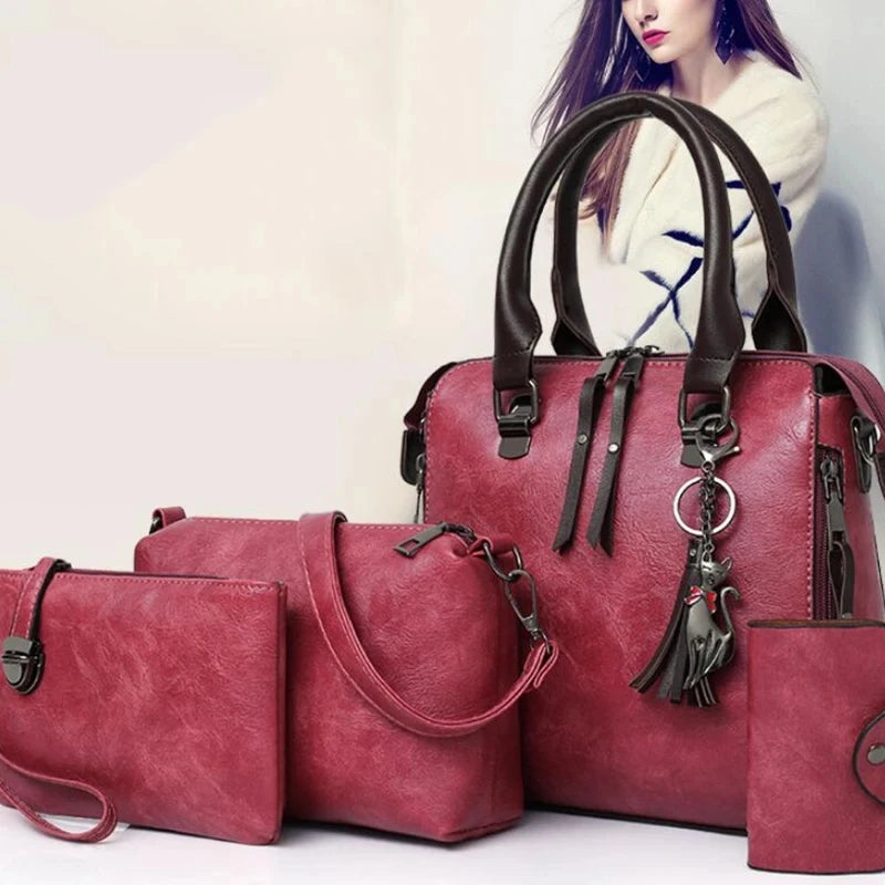 Kit 4 Bolsas Femininas de Luxo – Couro, Alça de Mão, Ombro e Carteira com Detalhe de Tassel - ZAUVELLE