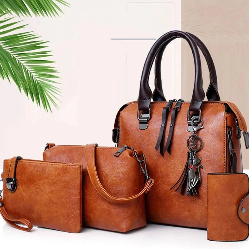 Kit 4 Bolsas Femininas de Luxo – Couro, Alça de Mão, Ombro e Carteira com Detalhe de Tassel - ZAUVELLE